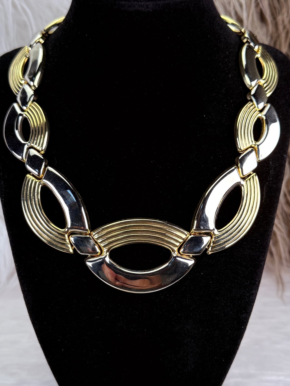 Vintage Two Tone Gold Silver Geometric Link Statement Necklace